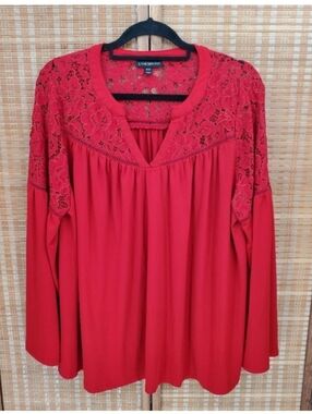 ♤ Lane Bryant Red Lace Accent V Neck Long Sleeve Blouse Size 18/20
